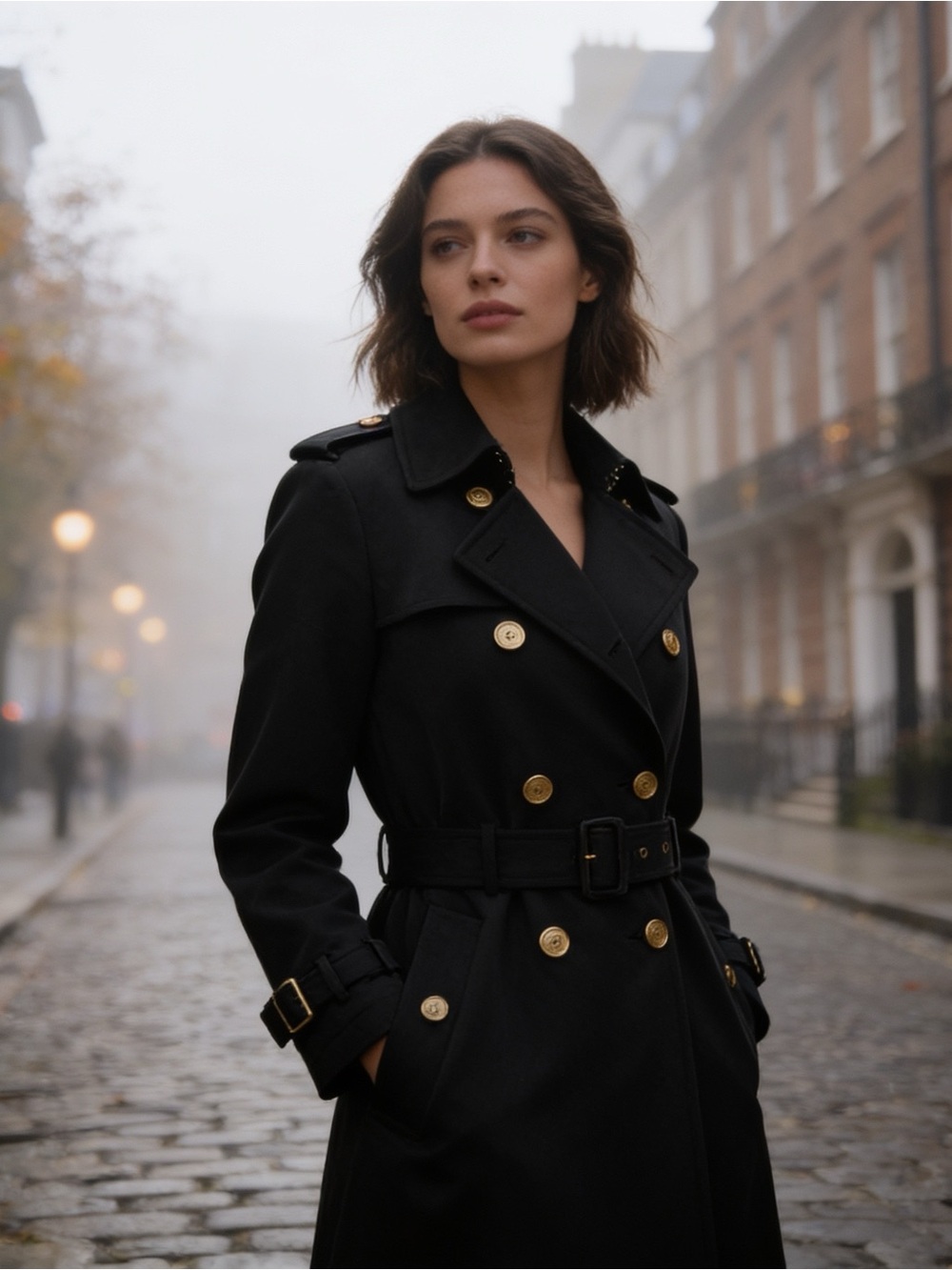 MICHAEL Michael Kors Black Trench Coat with Gold Buttons